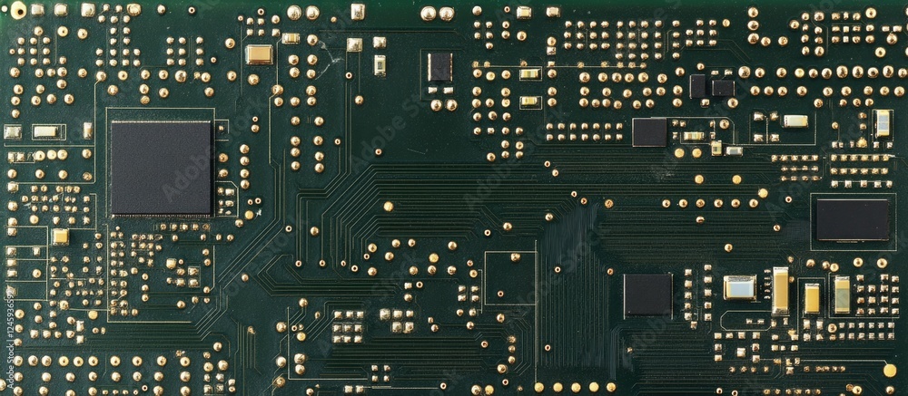 Poster circuit board with exposed processor technology displaying intricate components and blank area for c