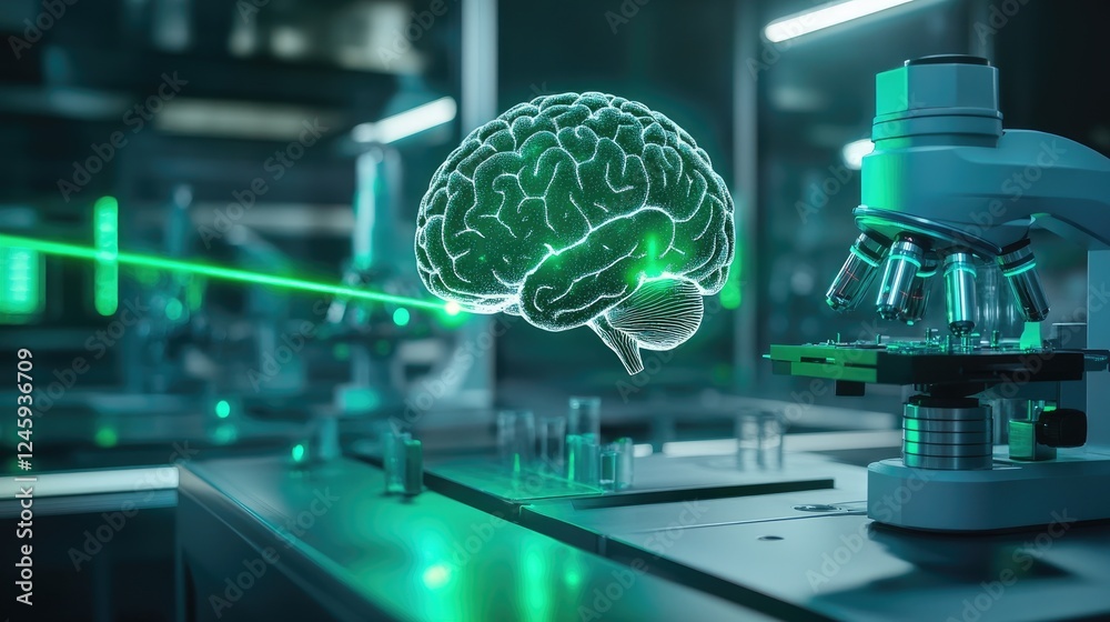 Poster Holographic brain projection in a high-tech laboratory, transmitting data to microscopes with green laser beams, symbolizing cutting-edge AI and neural network exploration.