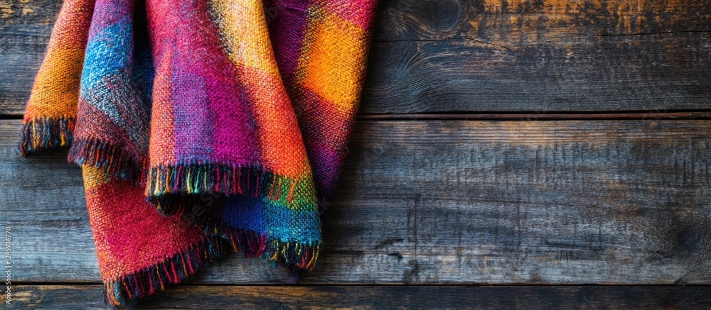 Aufkleber colorful checkered blanket draped on rustic wooden table creating a warm and cozy atmosphere for hom