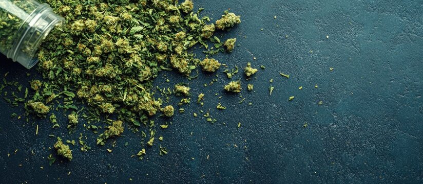 Cannabis pieces scattered on a dark surface illustrating microdosing concept with ample copy space for therapeutic text or branding