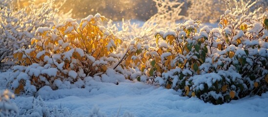 Snow-Covered Bushes with Yellow and Green Leaves Under Soft Winter Light