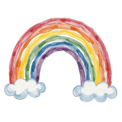 Obraz premium Colorful rainbow illustration, vibrant arcs in bright hues with fluffy clouds, symbolizing hope and joy, perfect for children’s themes. Isolated on white background or PNG