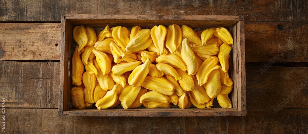 Poster box of ripe yellow jackfruit flesh neatly arranged on a rustic wooden surface showcasing its vibrant