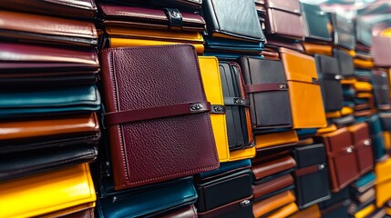 A vibrant display of assorted leather notebooks stacked neatly in a colorful arrangement