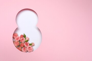 8 March greeting card design with flowers, top view. Happy International Women's Day