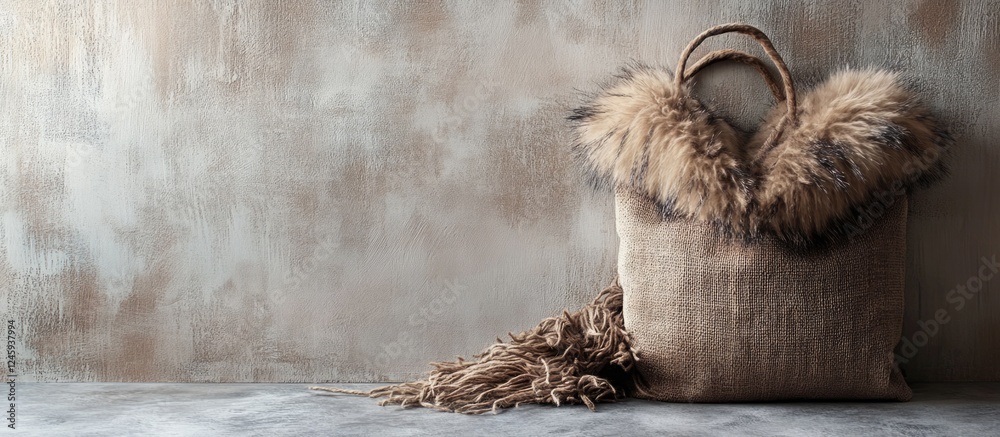 Poster cozy home decor brown bag with fur accents on neutral background with blank space for text integrati