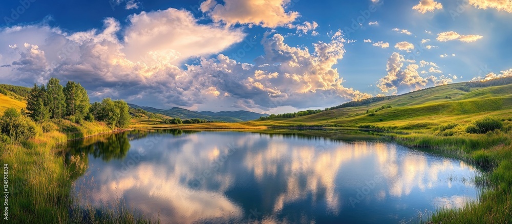 Poster serene landscape with vibrant clouds reflecting on calm water surrounded by lush greenery and rollin