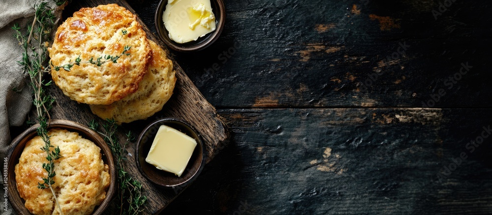 Poster Delicious cheese scones served on a rustic wooden table with butter and herbs creating an inviting kitchen atmosphere