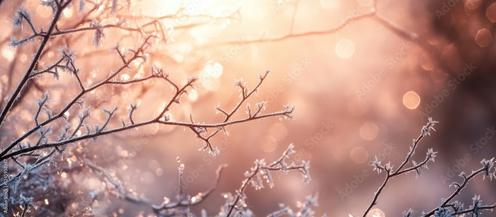 Aufkleber Hoarfrost-covered branches illuminated by soft backlight creating a serene winter atmosphere with bokeh effects.