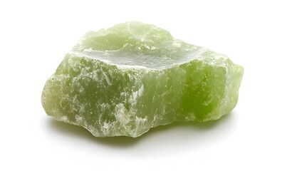 Fototapeta premium Green gemstone, rough texture, isolated, white background, mineral sample, nature, geology