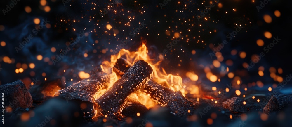 Poster glowing firewood sparks flying in the air against a dark night background creating a warm and inviti