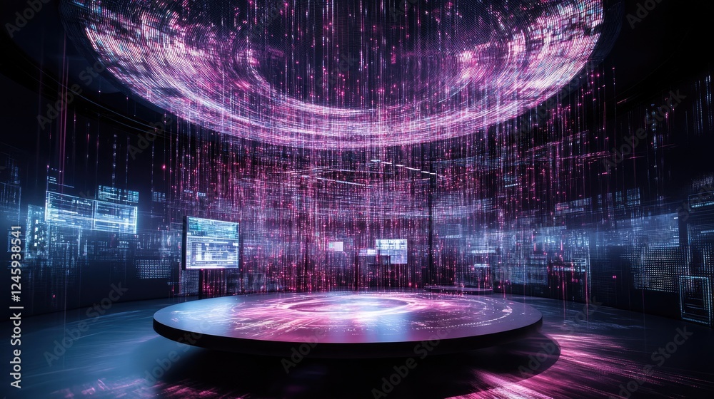 Poster Inside a futuristic control room, digital data streams flow from a circular ceiling projection onto a central platform, illuminating advanced technology and glowing consoles.