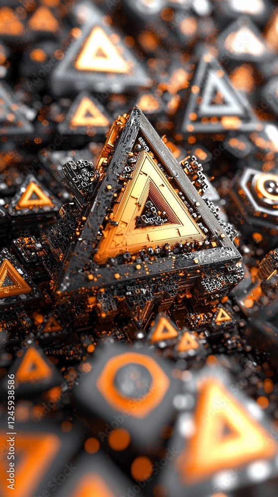 Poster golden triangle amidst black triangles, abstract 3d render, texture background, design element