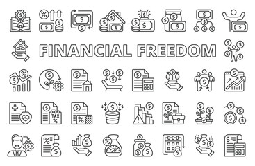 Financial freedom, icons in line design. Financial freedom, wealth, independence, money, investment, savings, success on white background vector. Financial freedom editable stroke icons
