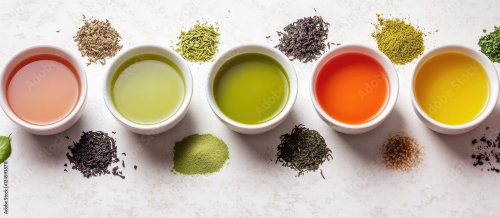 Poster Assorted Green Tea Varieties with Herbs in White Bowls and Empty Space for Text on Light Background
