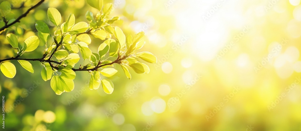 Poster yellow leaves on a tree branch illuminated by warm sunlight during spring season in a serene forest 