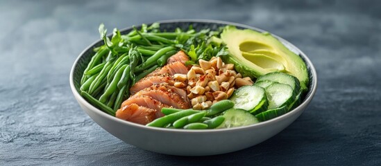 Nutritious Buddha bowl featuring tuna, avocado, green beans, and cucumber on a textured gray background for healthy diet promotion