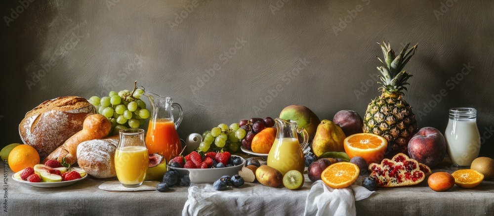 Poster breakfast table spread with fresh fruits juices milk bread and empty space for text perfect for culi