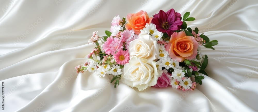 Poster elegant floral arrangement on soft white fabric with ample space for personalized text or messages
