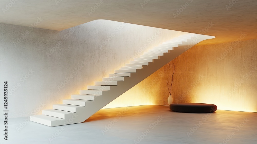 Poster minimalist floating staircase interior with soft ambient lighting