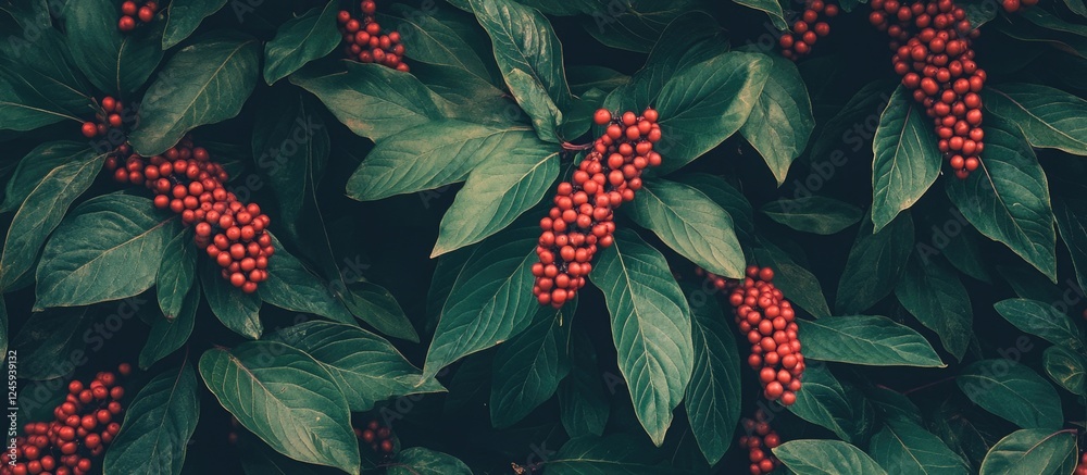 Aufkleber lush foliage background featuring vibrant red berries creating a natural and aesthetically pleasing 