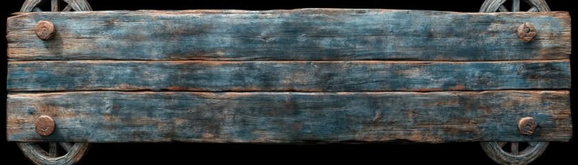 Fototapeta premium Rustic wooden sign with blue paint and wheels, ideal for vintage-themed projects.