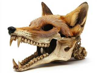 Intricate taxidermy fox skull display isolated environment gigapixel quality detailed anatomy scientific study