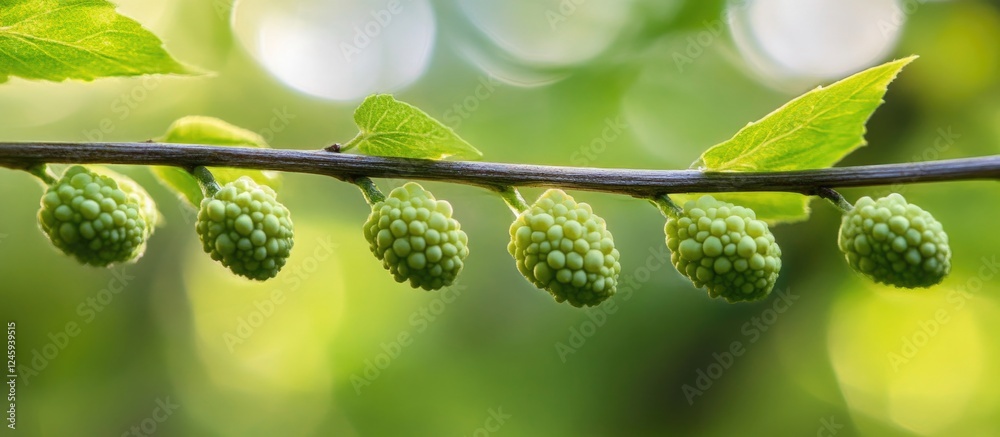 Aufkleber Green bumps on a branch showcasing unique growth in a serene Latvian forest environment with soft bokeh lighting effects.