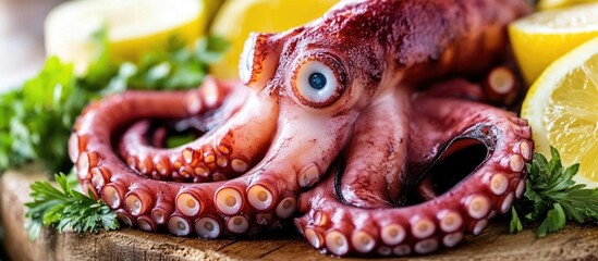 Naklejka premium Freshly cooked octopus garnished with lemon slices on a wooden surface, showcasing vibrant colors and textures for culinary presentations.