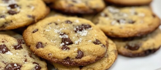 Delicious homemade chocolate chip cookies arranged on a clean white background for tempting dessert presentation.