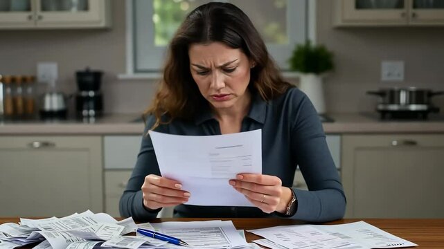A woman sitting at a kitchen table, deeply focused and visibly stressed while reviewing a pile of bills and documents