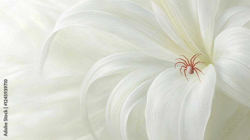 Poster close up of a white lily featuring a small red spider on the underside with ample empty space for te