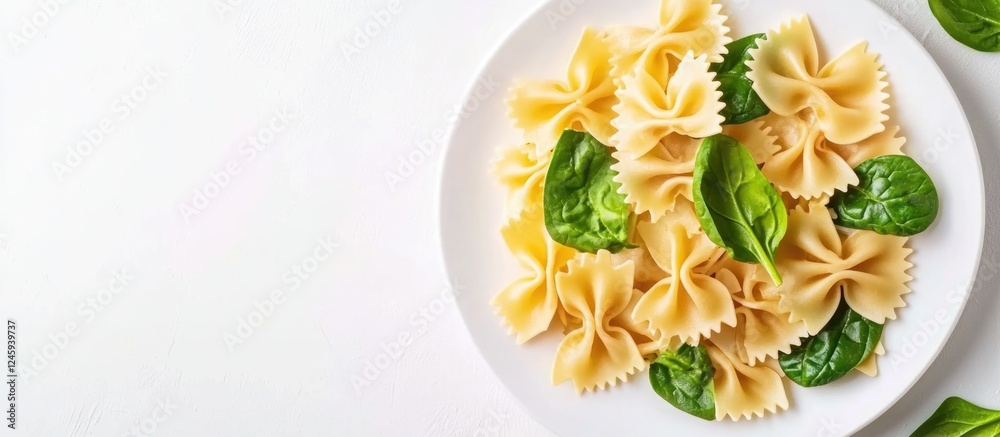 Aufkleber bow tie pasta with fresh spinach on a white plate placed against a clean background for text inserti