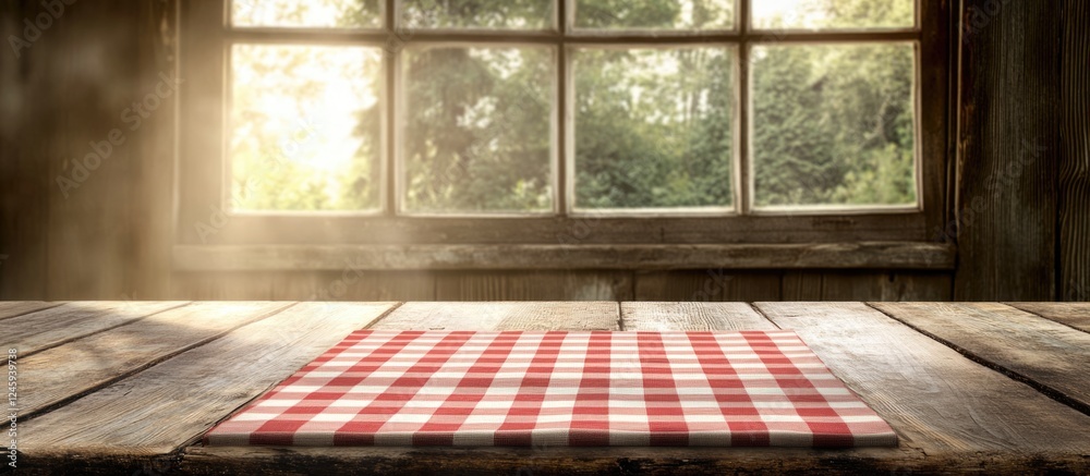 Poster checkered tablecloth on rustic wooden table with natural light for product display and photomontages