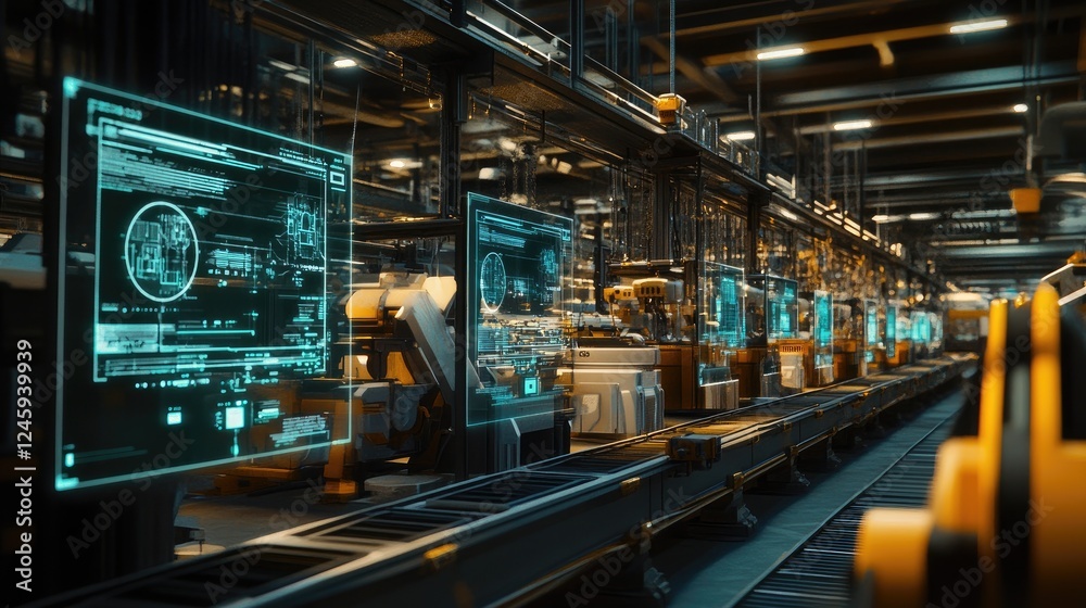 Aufkleber Machines on a factory floor connected via a 5G network, each labeled with digital identifiers, demonstrating the power of synchronized industrial processes.
