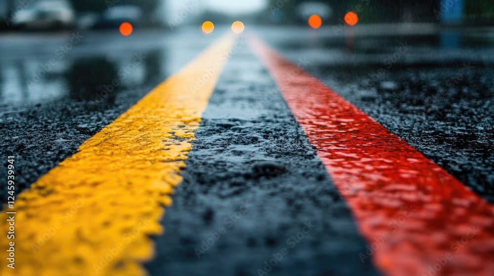 Poster close up of wet road surface featuring colorful traffic lines and illuminated bokeh background creat