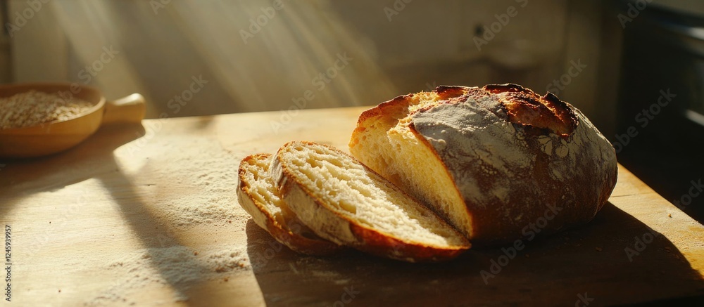 Poster natural sourdough bread cut into slices on a wooden table with soft sunlight highlighting its crust 