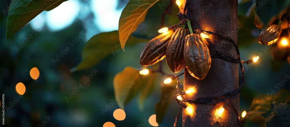 Poster Cacao pods adorned with fairy lights on a tree surrounded by soft bokeh for whimsical storytelling and promotional text use
