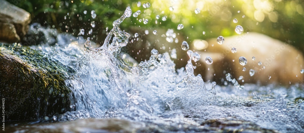 Poster close-up of water splashing from the base of a waterfall with sunlight and natural surroundings