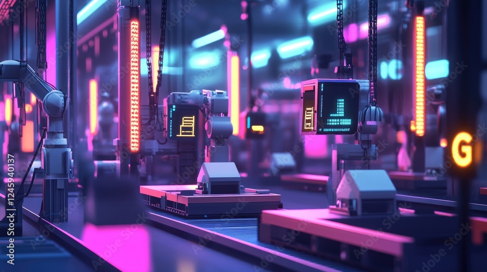 Poster Machines on a factory floor connected via a 5G network, each labeled with digital identifiers, demonstrating the power of synchronized industrial processes.