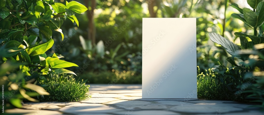 Poster brochure mockup in a lush garden setting with natural light and space for customization or branding 