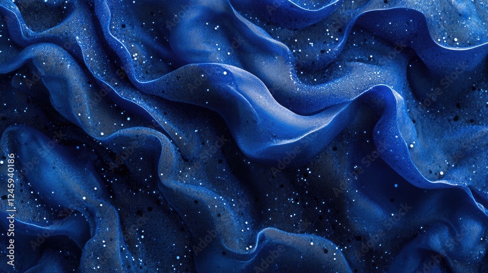 Poster Abstract close-up of fluid blue microparticles creating a dynamic texture with shimmer and empty space for overlaying text or graphics