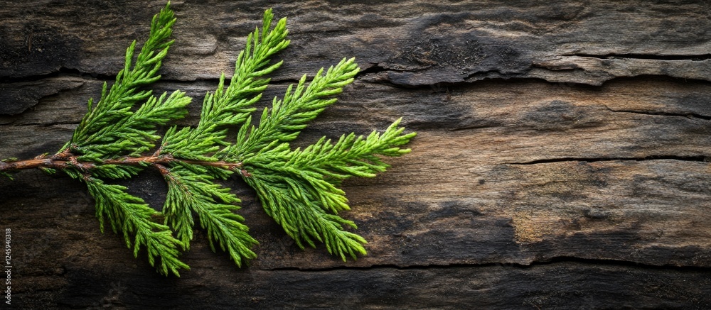 Poster thuja branch resting on a rustic wooden background showcasing nature's beauty and texture in a tranq