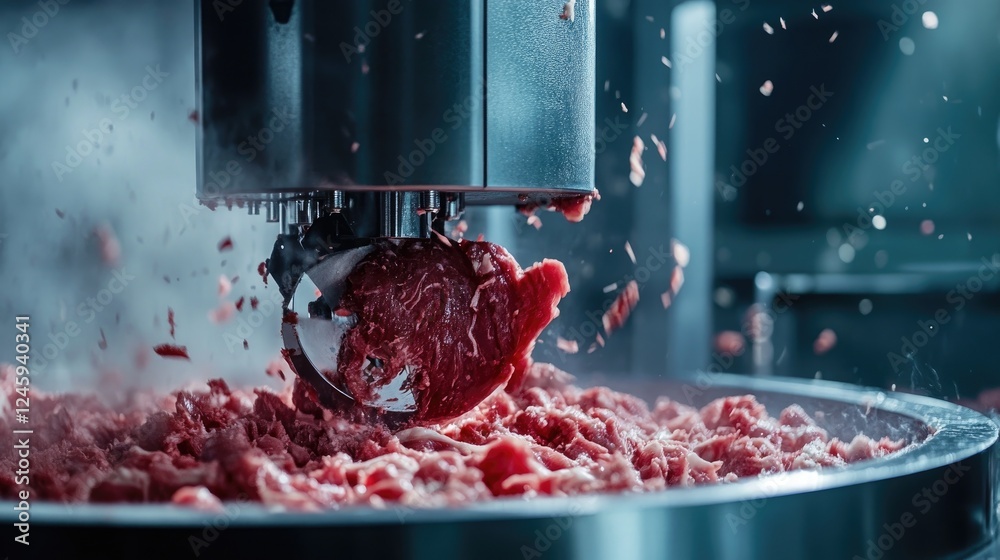 Aufkleber Meat being processed through a high-tech industrial grinder, demonstrating the efficiency and scale of meat production in a factory setting.