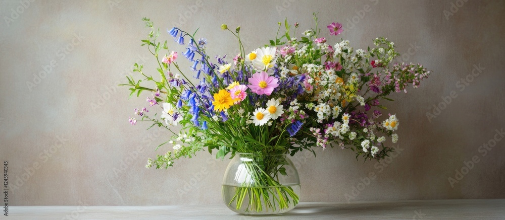 Poster vibrant bouquet of assorted spring forest flowers arranged in a clear glass vase on a softly texture