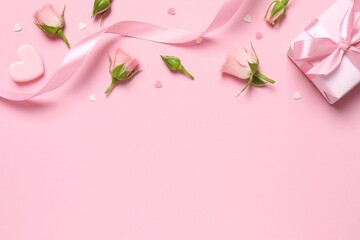 Beautiful composition with pink roses and silk ribbon on color background