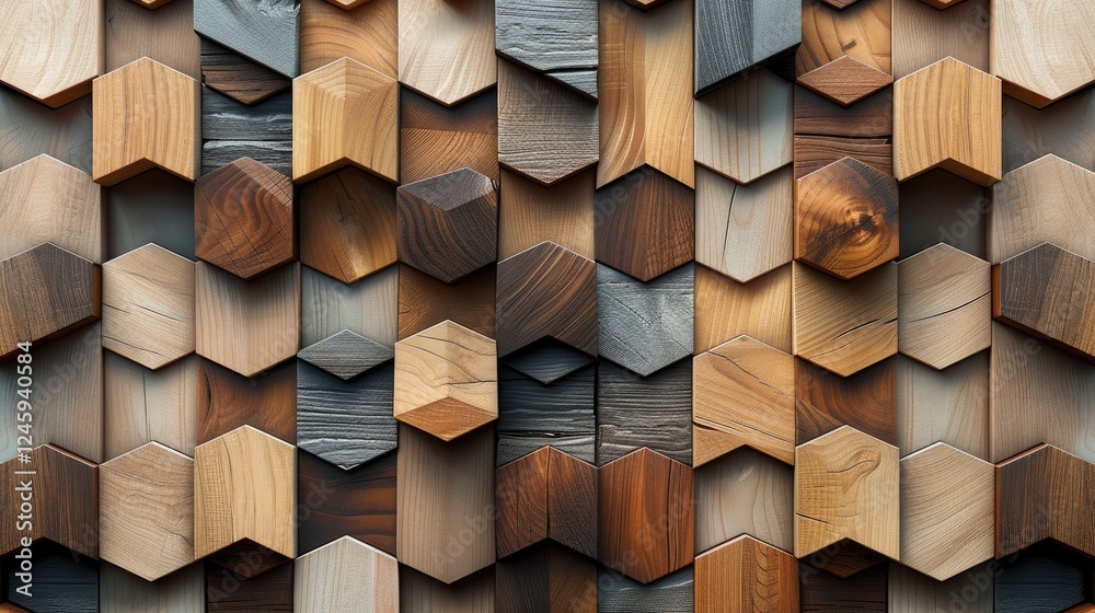 Poster a geometric pattern wooden wallpaper with alternating wood shades, from light ash to deep mahogany, 