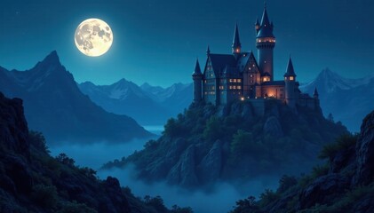 Imposing castle, moonlit night, jagged mountains, black background, mountains, shadow