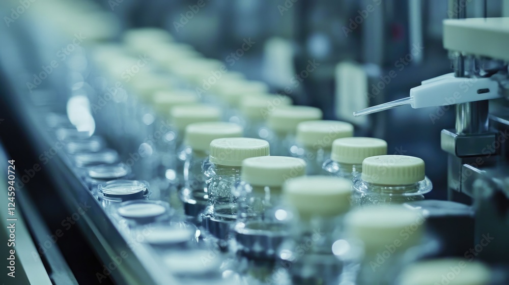 Poster Milk bottles moving along a production line, filled and sealed, showcasing the efficiency of automated dairy processing in a modern factory.