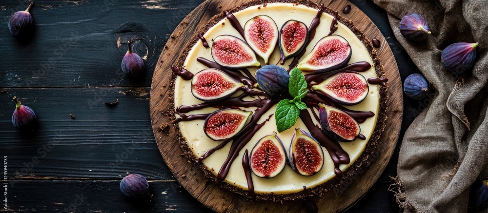 Aufkleber decadent cheesecake adorned with fresh figs and chocolate drizzle on a rustic wooden table, captured